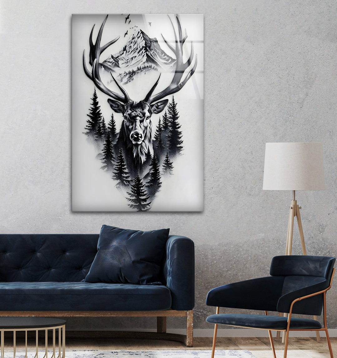 Majestic Stag & Mountain – Black & White Wildlife Wall Art