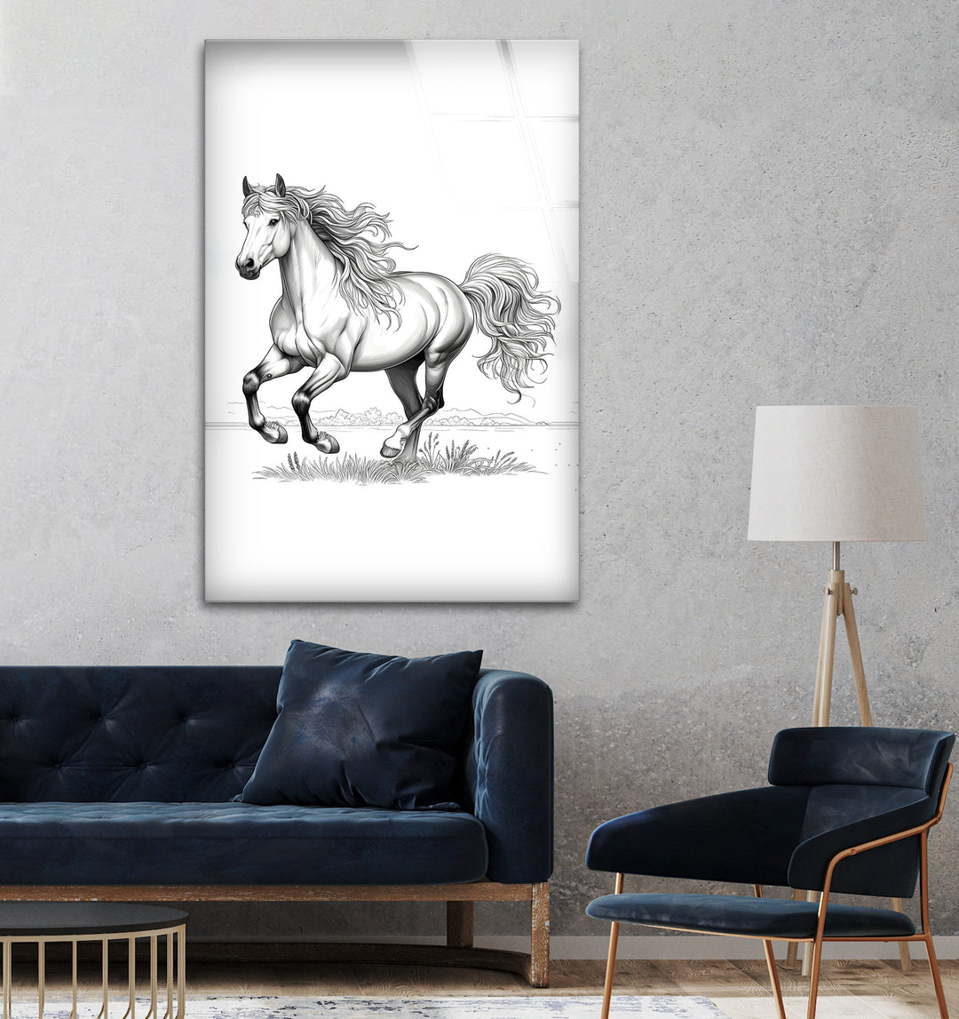 A breathtaking black and white framed art design capturing the untamed spirit of a majestic horse.