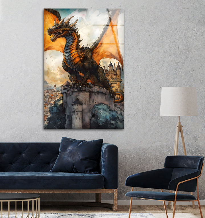 Epic Dragon Over Castle: Stunning Fantasy Wall Art on Tempered Glass
