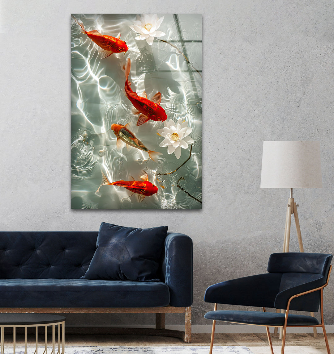 Orange Koi Fishes Glass Wall Art print picture on glass, Tempered Glass Wall Art
