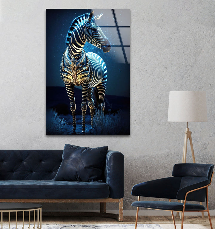 Blue Night Zebra Glass Wall Art photo print on glass, prints on glass wall art
