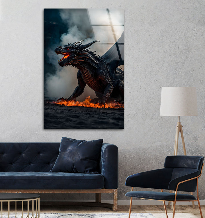 Feel the intensity of the Inferno Dragon as it breathes fire in this dynamic glass wall art.
