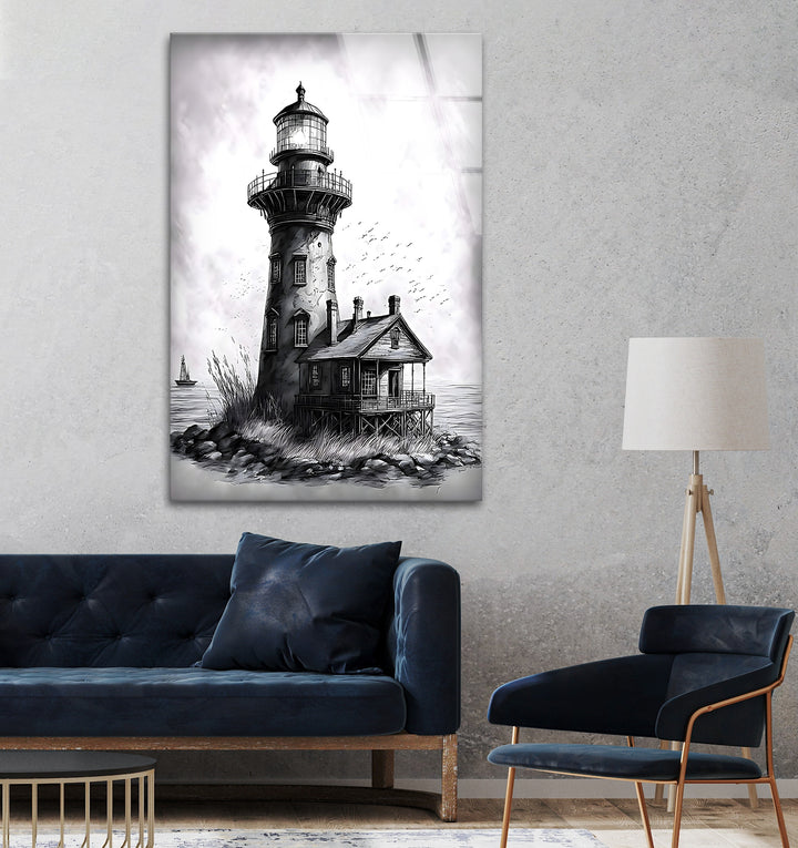 Vintage Lighthouse Glass Wall Art - Timeless Black and White Artwork
