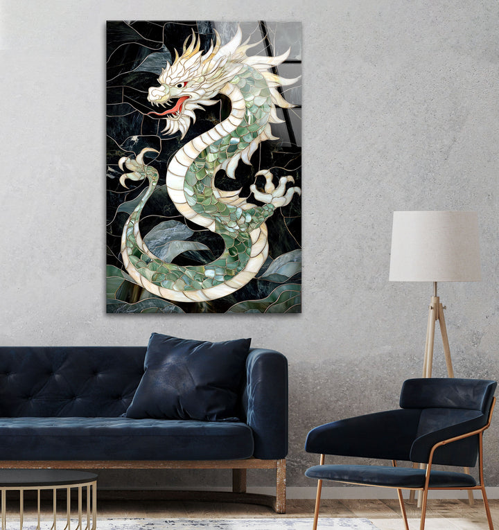 Majestic green dragon with exquisite mosaic details, bringing power and beauty into your space.
