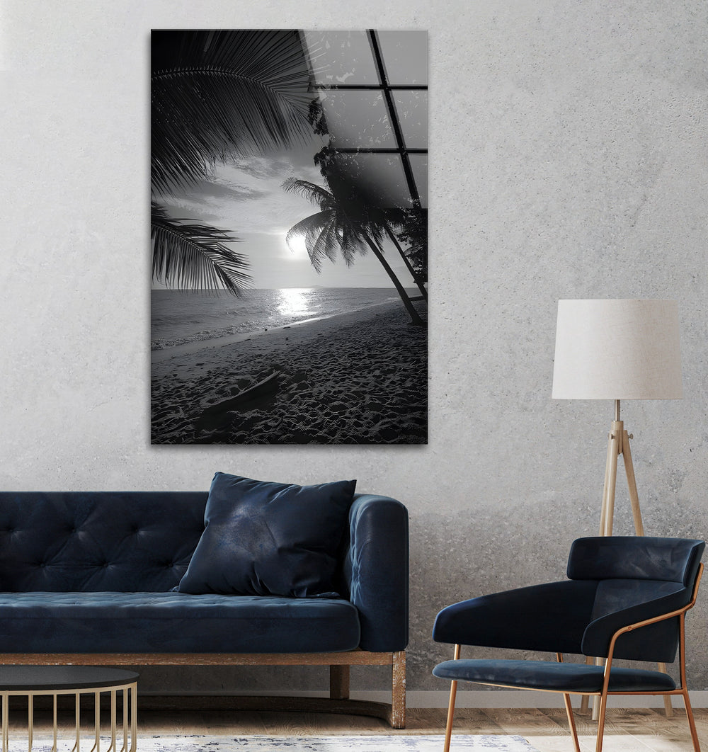 Serene Beach Sunset - Black and White Glass Wall Art for Modern Decor
