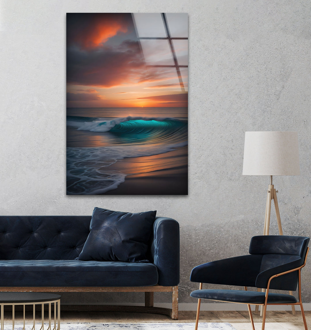 Sunset Calm Ocean Wave Glass Wall Art print picture on glass, Tempered Glass Wall Art