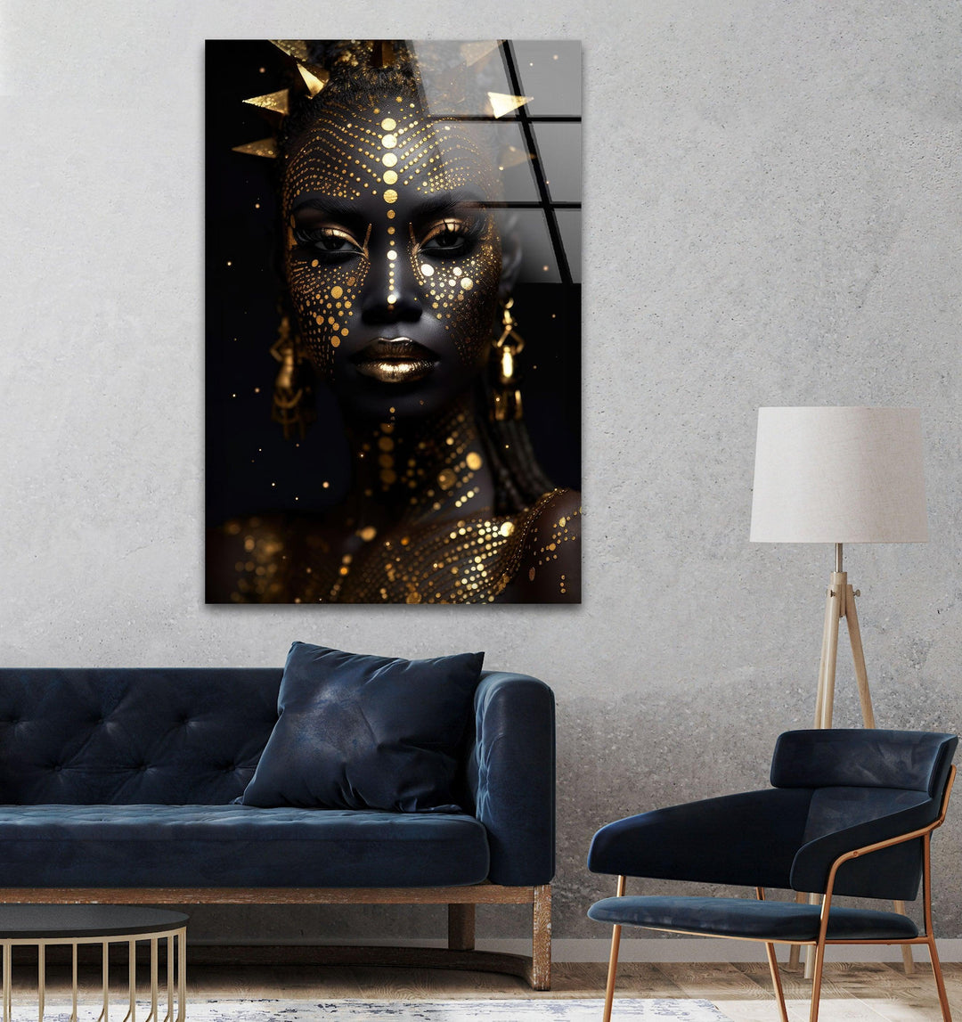 Gold Face African Woman Glass Wall Art