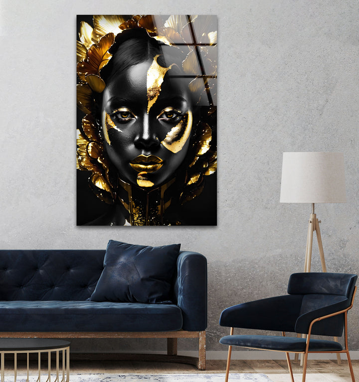 Black Woman With a Gold Face Glass Wall Art