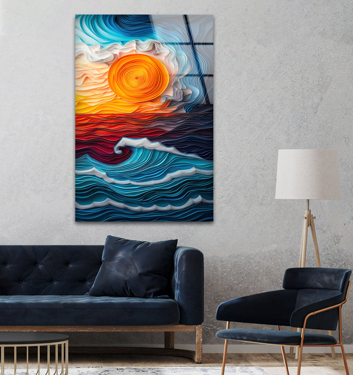 Sunset Oil Blue Painting Glass Wall Art glass art painting, glass art for the Wall