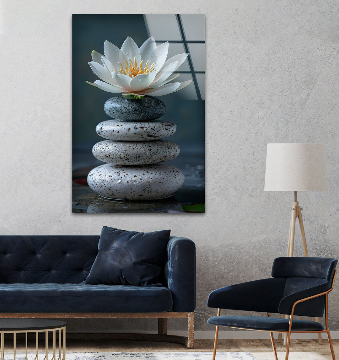 Zen Stones & Lotus Glass Wall Art, glass art painting, glass art for the Wall