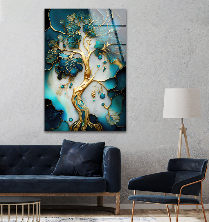 Abstract Golden Tree-Roots Glass Wall Art, glass image printing, glass prints from photos