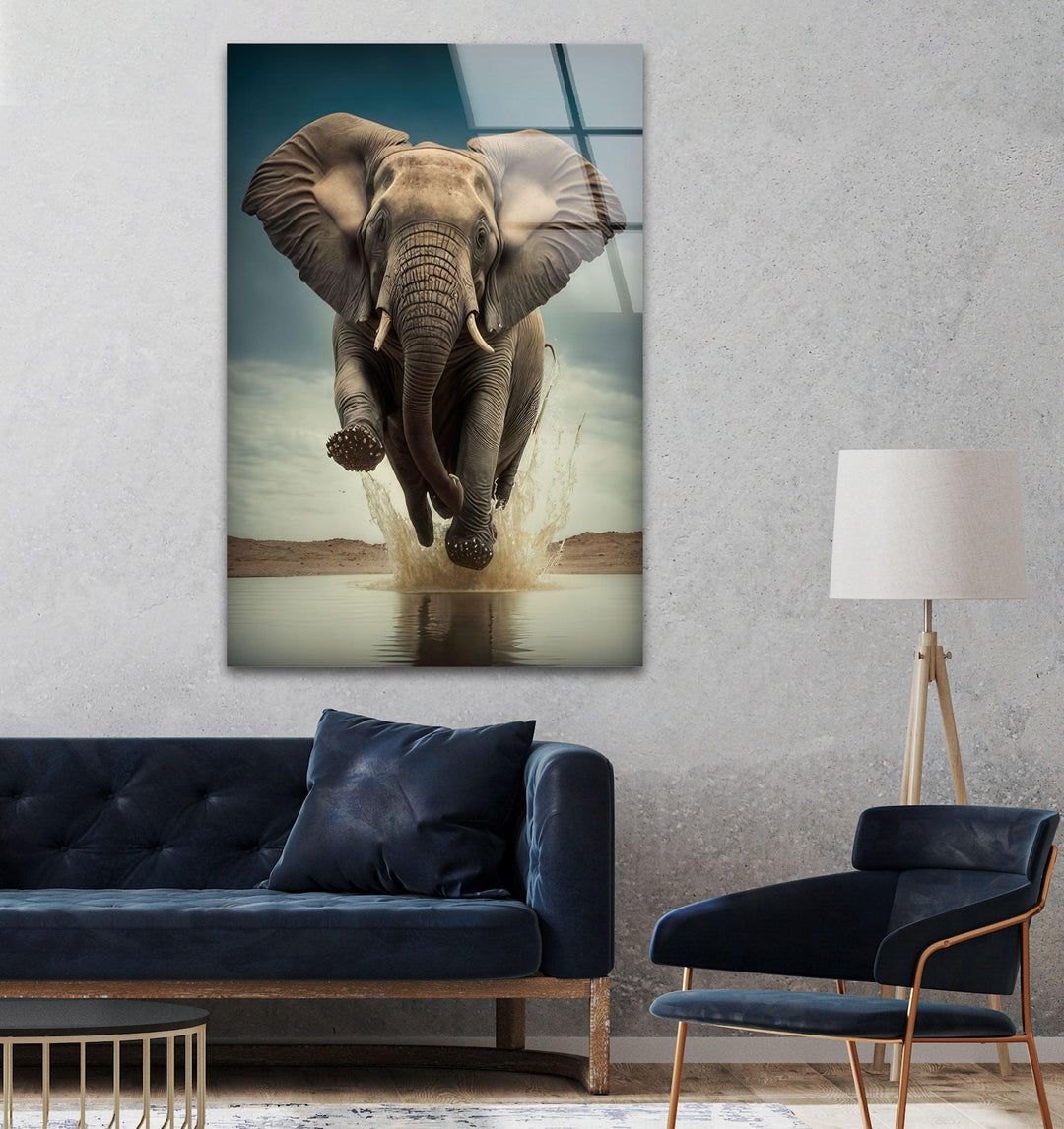 Elephant Running Glass Wall Art photo print on glass, prints on glass wall art