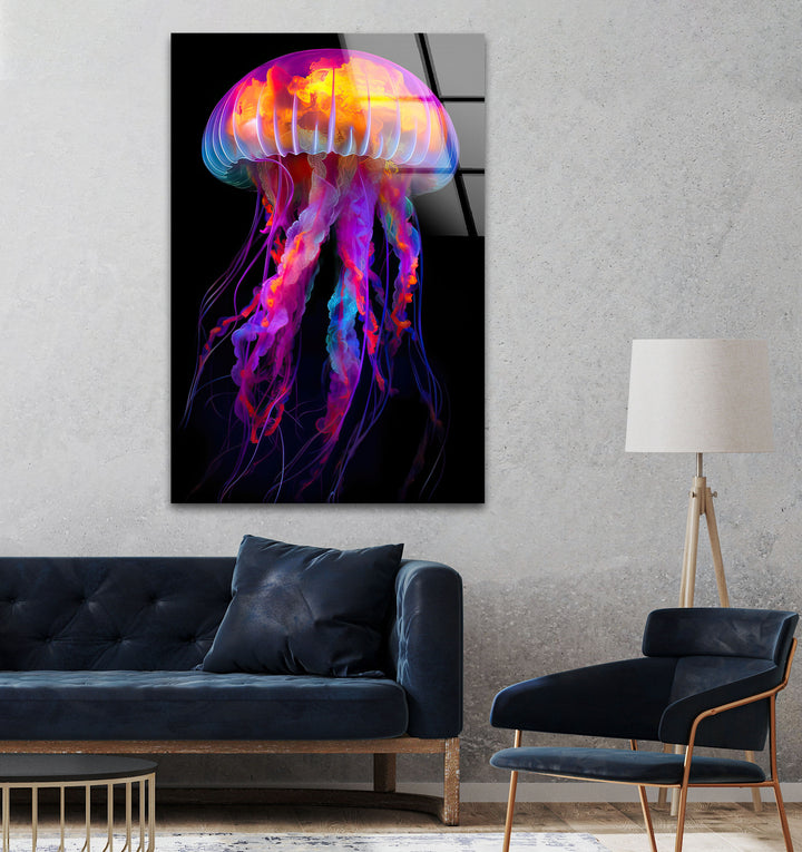 Neon Jellyfish Glass Wall Art picture on glass wall art, photos printed on glass