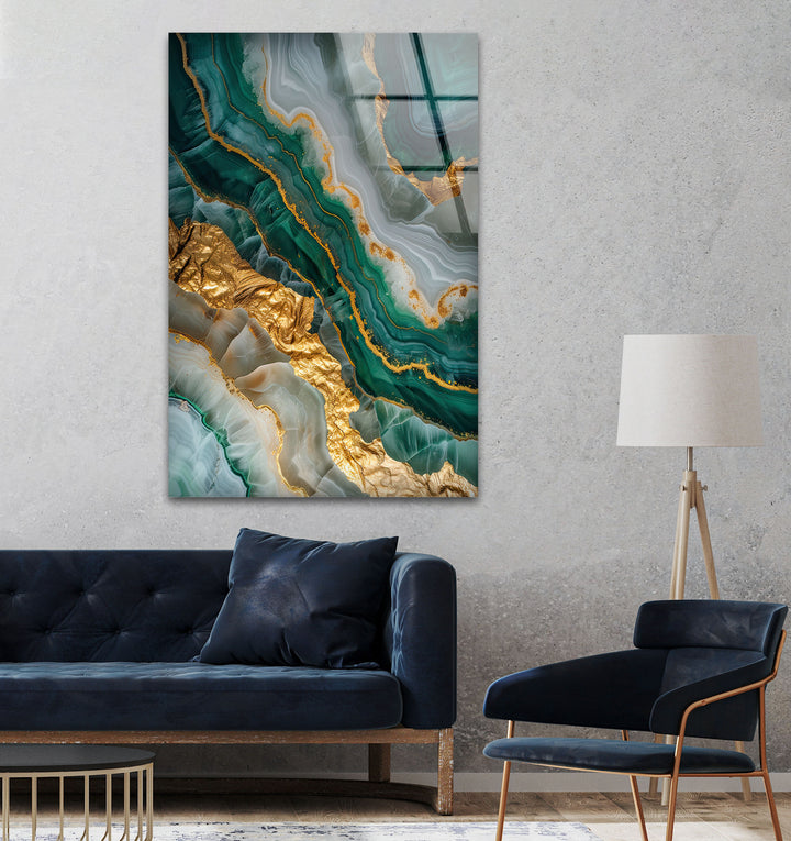 Green Gold Marble Geode Glass Wall Art