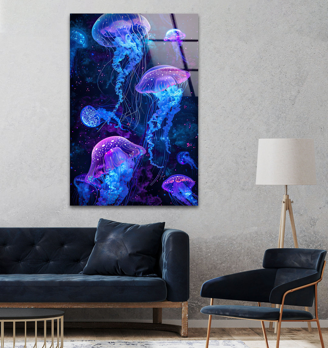 Glowing Jellyfish Glass Wall Art glass art painting, glass art for the Wall