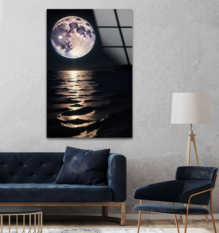 Moon Over Water Glass Wall Art print picture on glass, Tempered Glass Wall Art