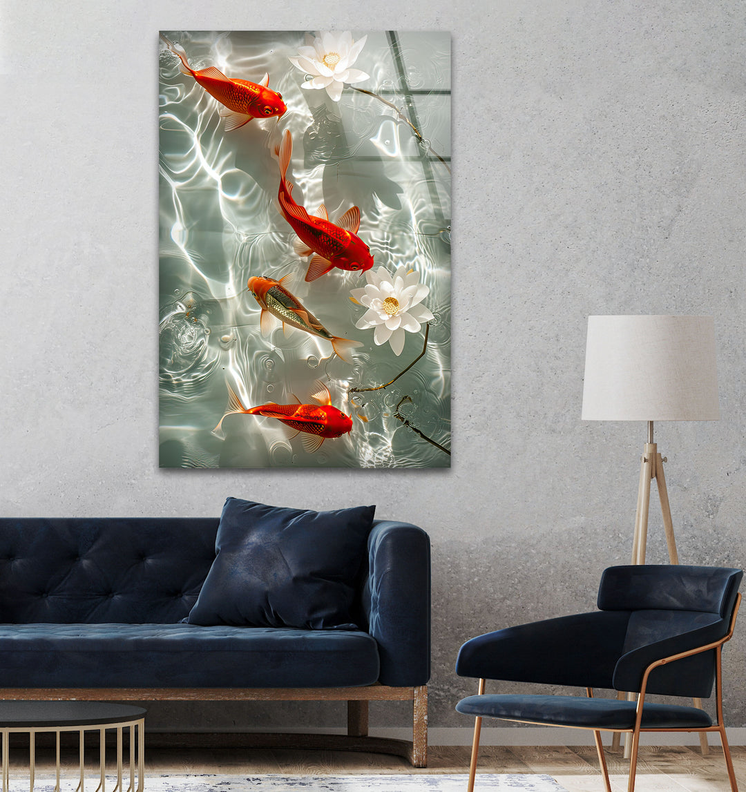 Japanese Fishes Glass Wall Art print picture on glass,Tempered Glass Wall Art