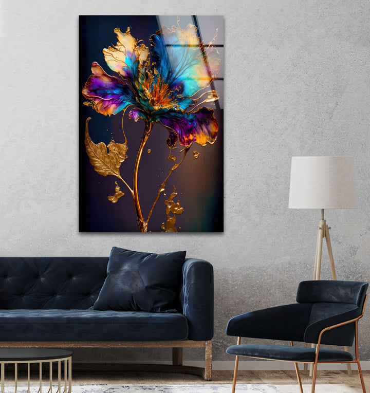 Gold Abstract Flower Glass Wall Art, glass pictures for Wall, glass prints wall art