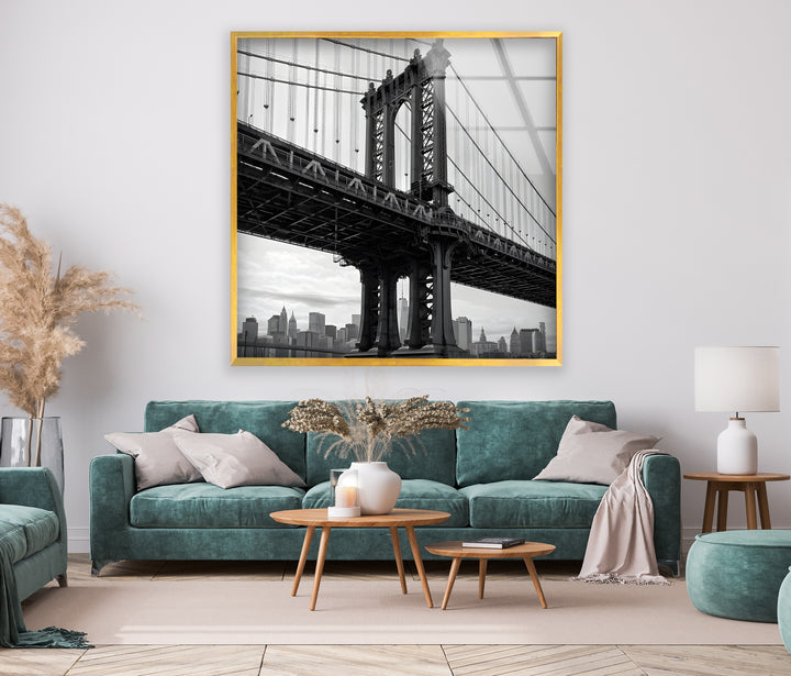 Large glass wall art piece of the iconic Manhattan Bridge in New York City.
