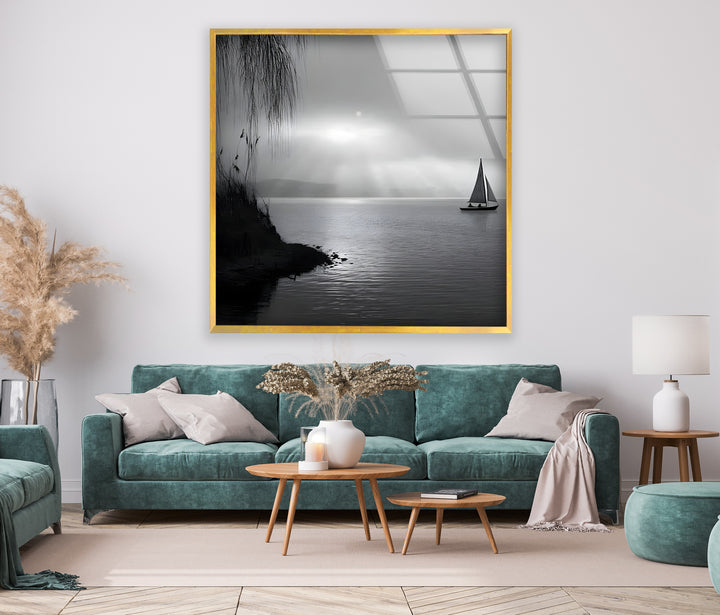 Tranquil Seascape – Black & White Sailboat Sunset Wall Art