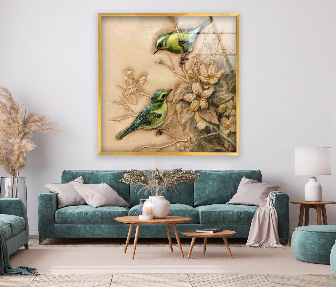 Green Sparrows Glass Wall Art glass photo prints, glass picture prints
