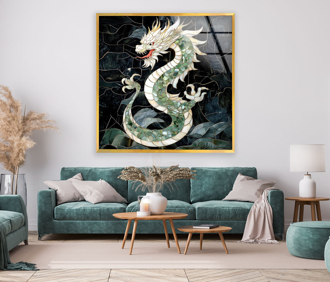 Elegant green dragon, sculpted in stunning mosaic art, surrounded by intricate patterns.
