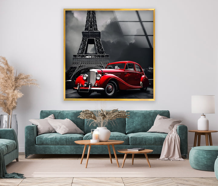 A stylish depiction of Paris, combining the red vintage car with the Eiffel Tower in bold black and white art.

