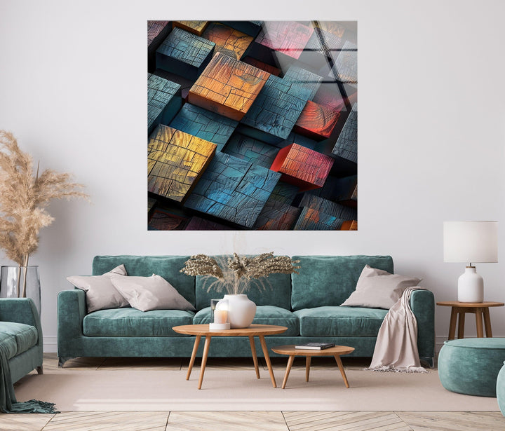 Colored Wood Cubes Glass Wall Art Glass Printing Wall Art, Print photos on glass
