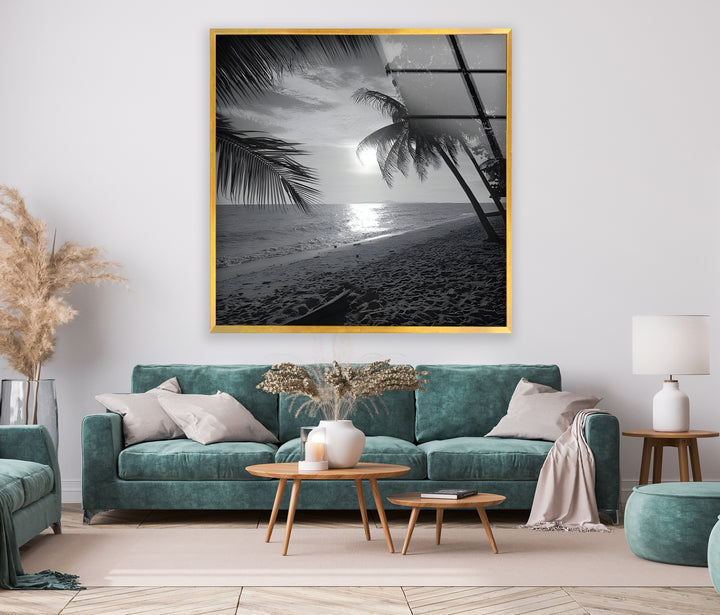 Tropical Paradise Beach Scene - Black and White Glass Wall Artwork
