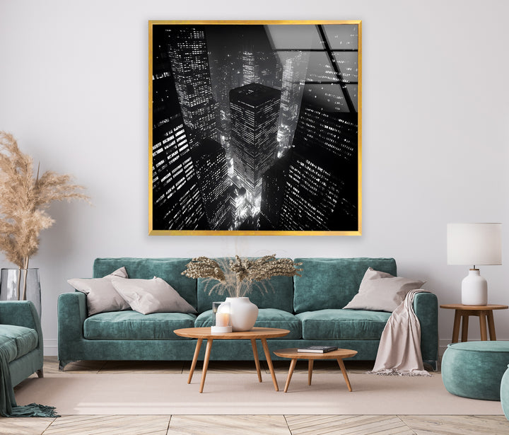 Cityscape at Night: Bold Black and White Urban Art on Glass Wall
