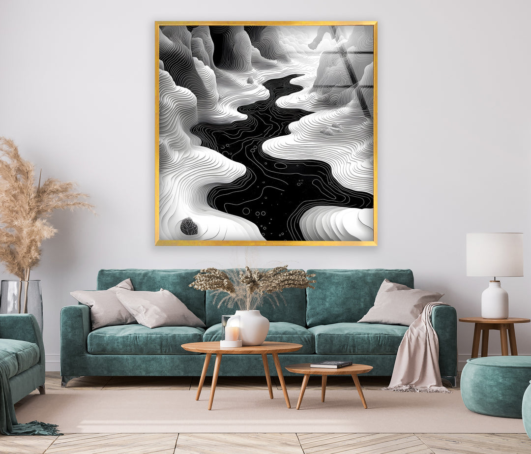 Abstract River: Modern Black and White Design on Glass Wall Art
