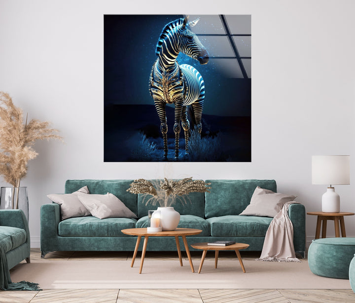 Blue Night Zebra Glass Wall Art custom glass pictures, glass art prints
