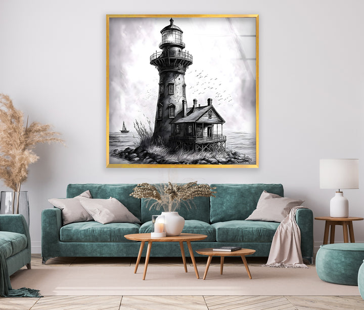 Classic Lighthouse Illustration - Black and White Glass Wall Art for Home
