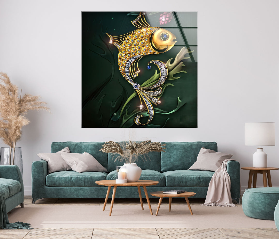 Golden Fish Shiny Glass Wall Art glass photo prints, glass picture prints
