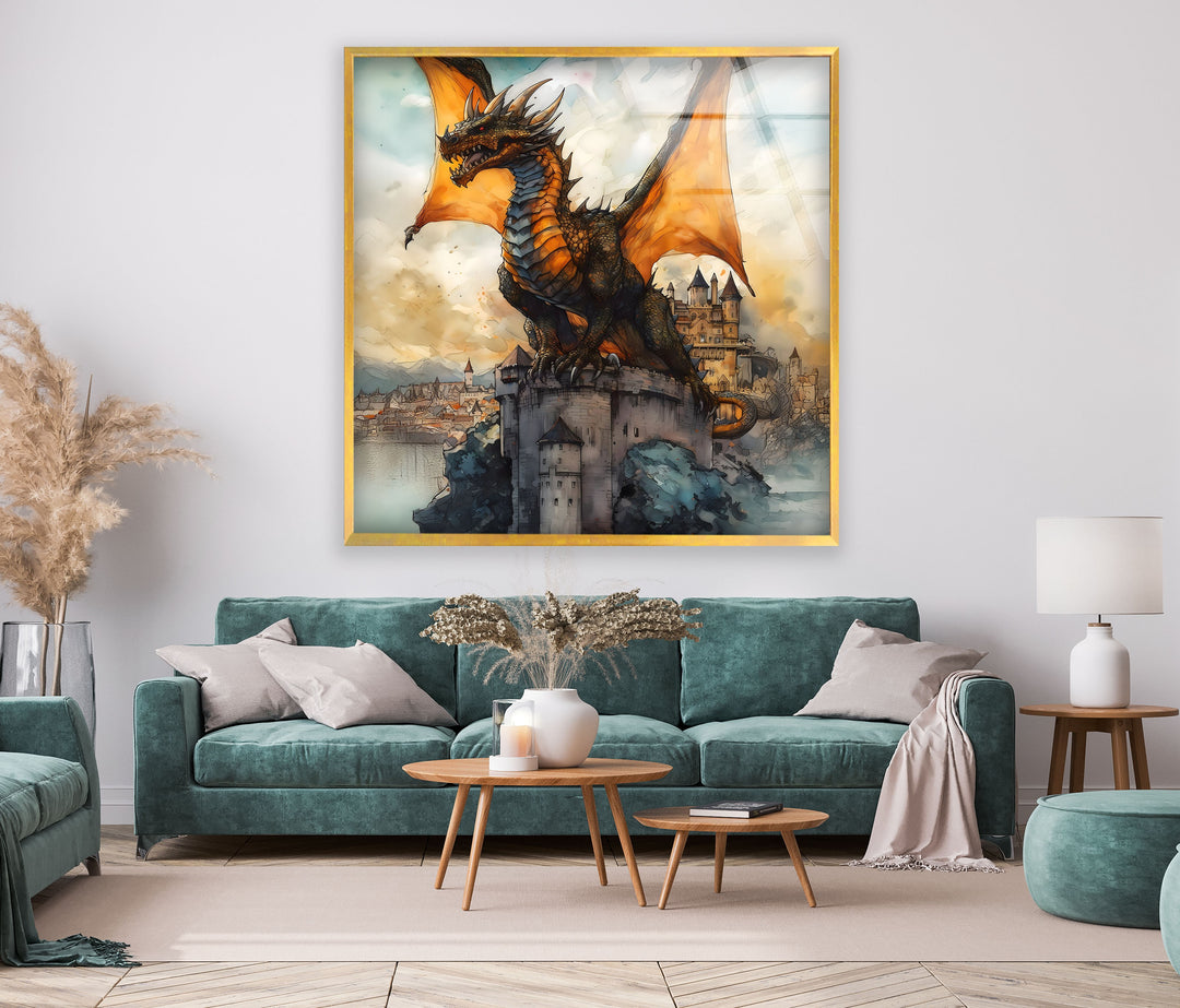 Dragon Over Castle: A Stunning Display of Fantasy on Glass
