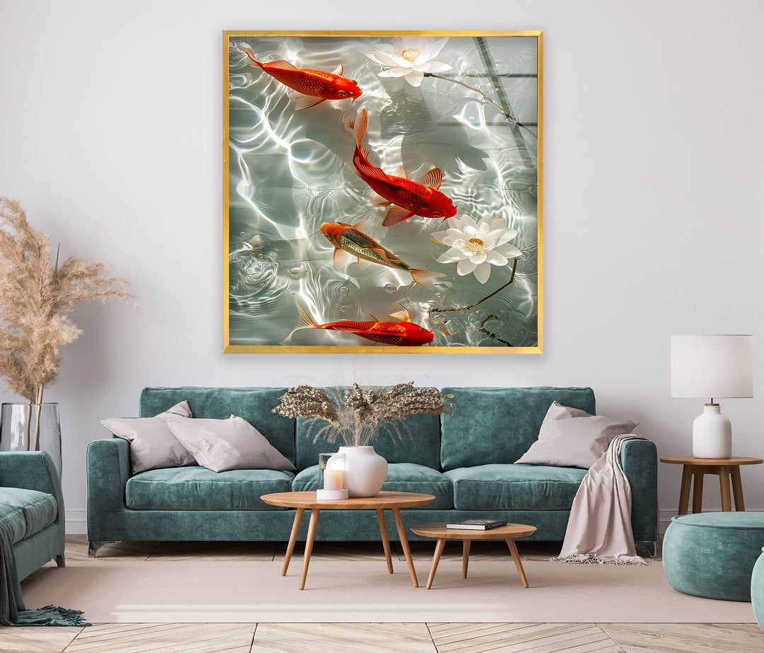 Orange Koi Fishes Glass Wall Art print on glass, glass printed photos
