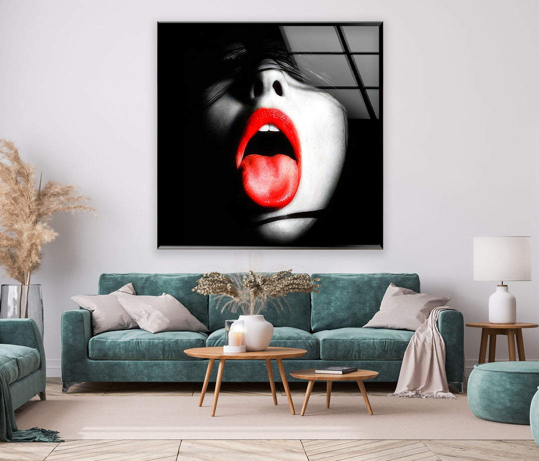 Woman With Red Lips & Tongue Glass Wall Art photo print on glass, prints on glass wall art
