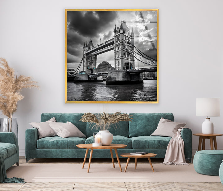 Iconic London skyline artwork, highlighting Tower Bridge in a powerful black and white design.