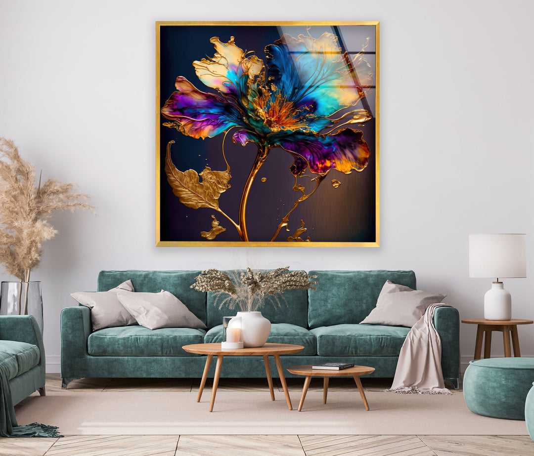 Gold Abstract Flower Glass Wall Art, custom glass pictures, glass art prints