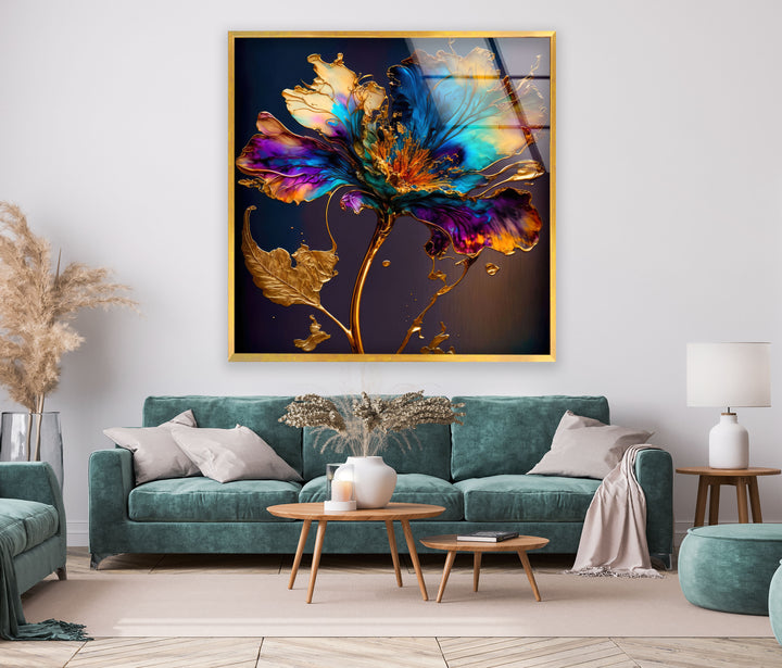 Gold Abstract Flower Glass Wall Art, custom glass pictures, glass art prints