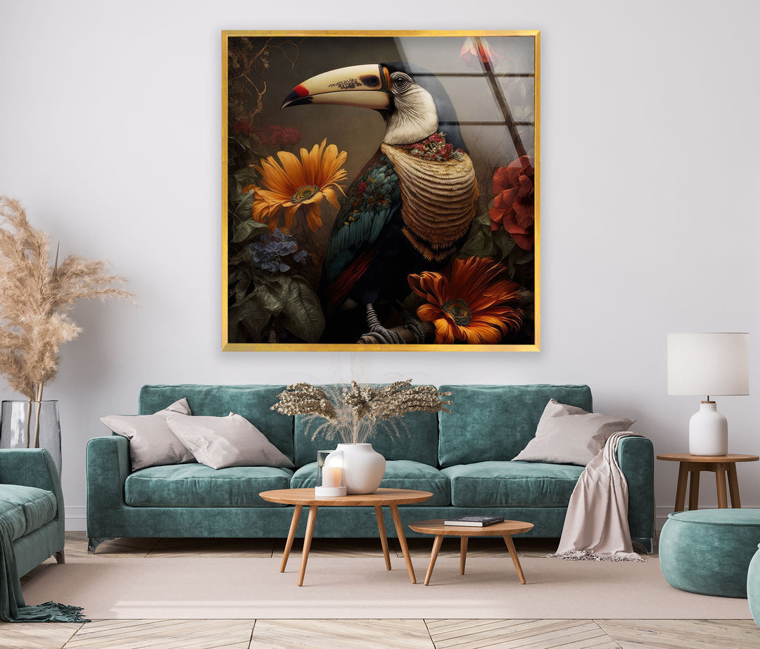 Toucan with Flowers Glass Wall Art custom glass photo prints, large glass prints