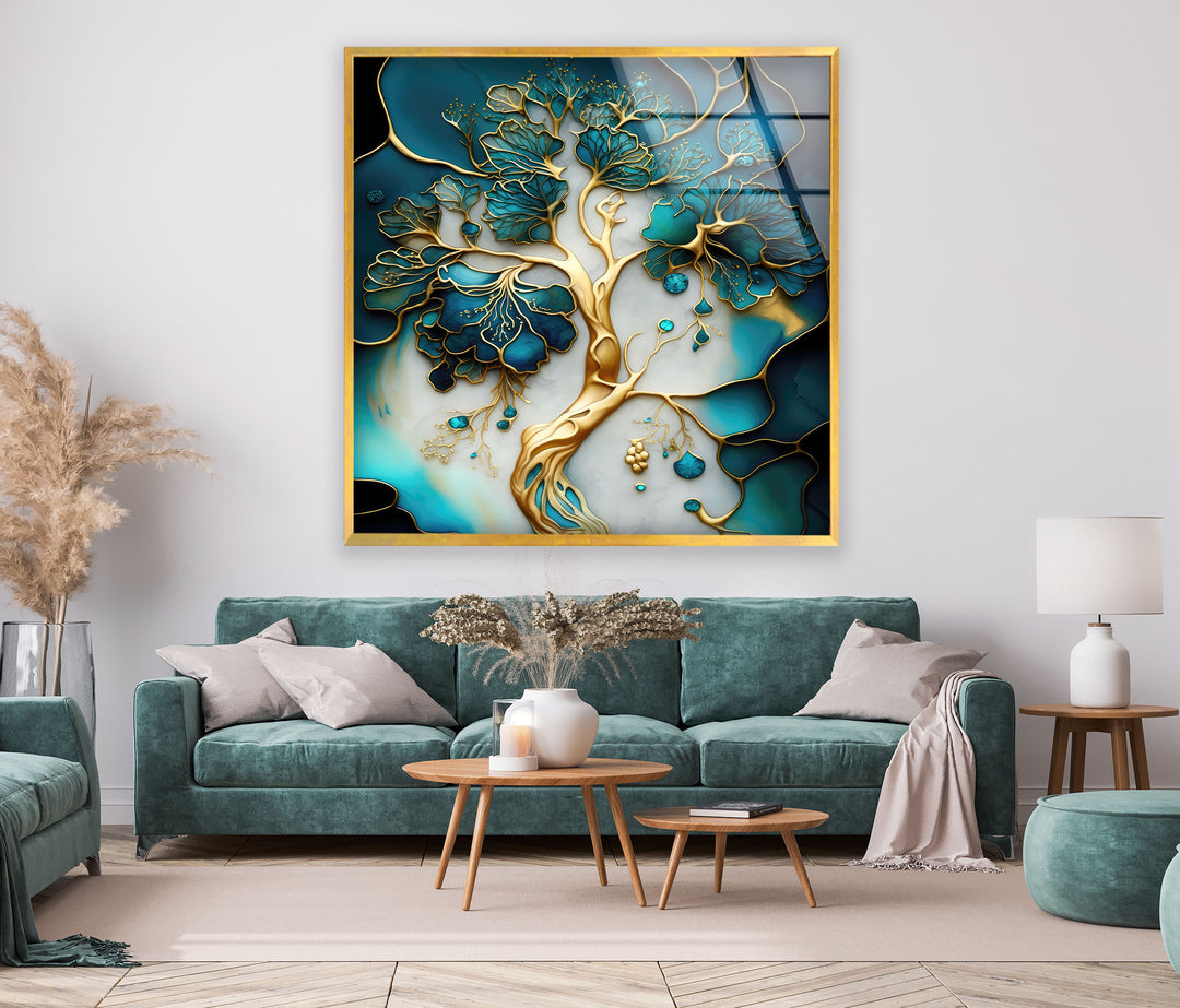 Abstract Golden Tree-Roots Glass Wall Art, glass art painting, glass art for the Wall