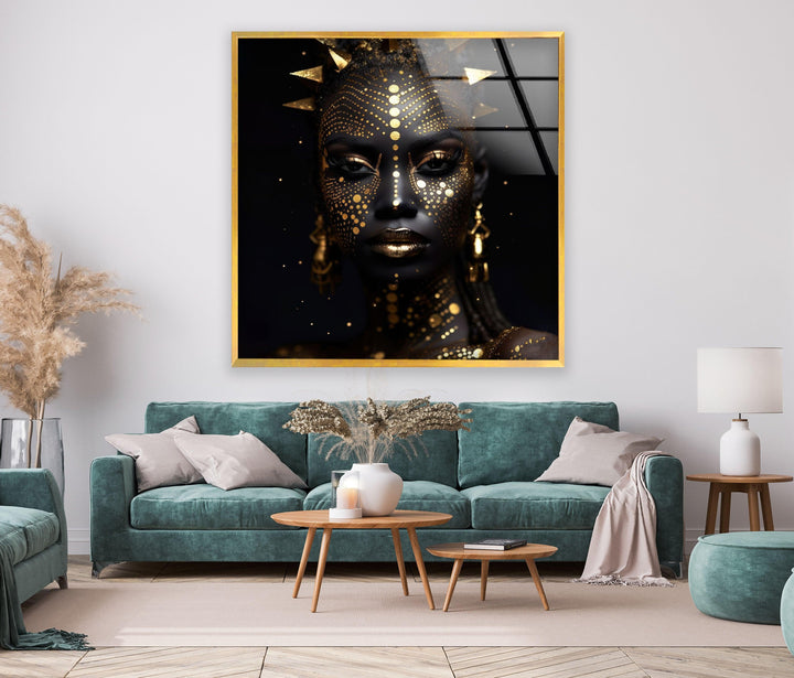 Gold Face African Woman Glass Wall Art