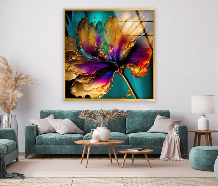 Gold Abstract Flower Glass Wall Art, glass art painting, glass art for the Wall