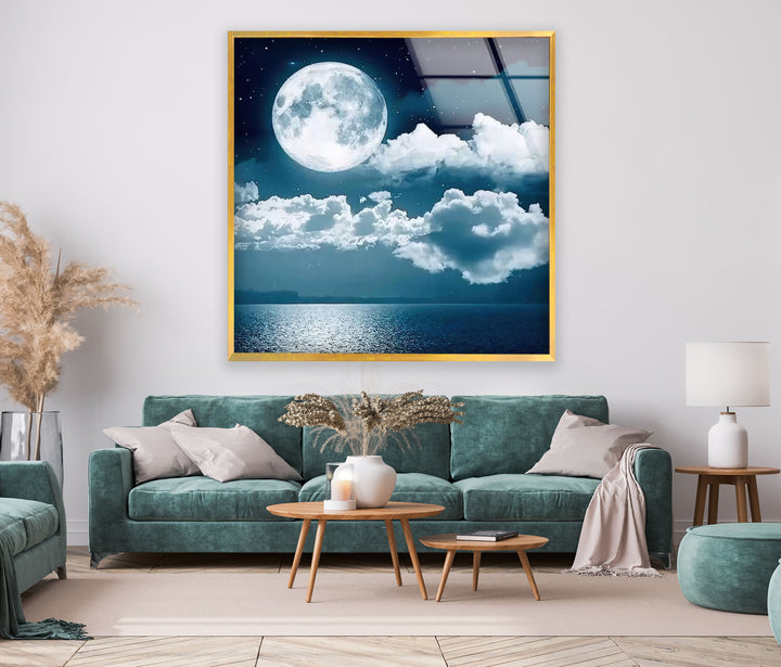 Blue Moon & Clouds Glass Wall Art glass art painting, glass art for the Wall