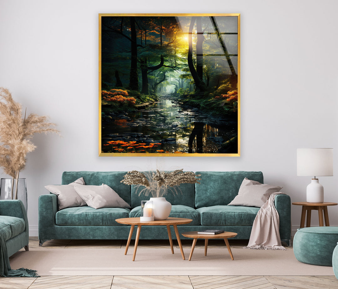 Trees & Flowers in Forest Glass Wall Art picture on glass wall art, photos printed on glass