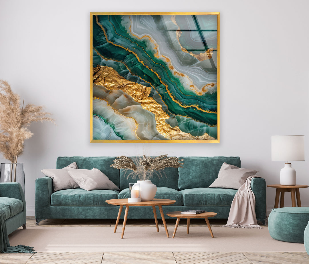 Green Gold Marble Geode Glass Wall Art