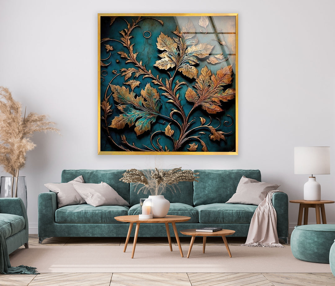 Copper Relief Leaves Glass Wall Art,  glass art painting, glass art for the Wall