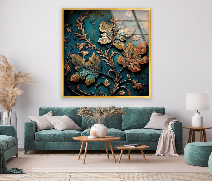 Copper Relief Leaves Glass Wall Art,  glass art painting, glass art for the Wall