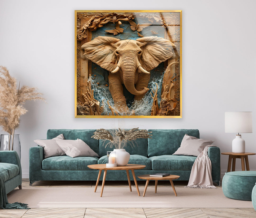 Elephant Carving Glass Wall Art print picture on glass,Tempered Glass Wall Art